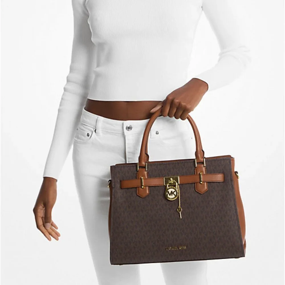 MICHAEL KORS Hamilton Medium Logo Satchel Purse Handbag Brown Gold NEW